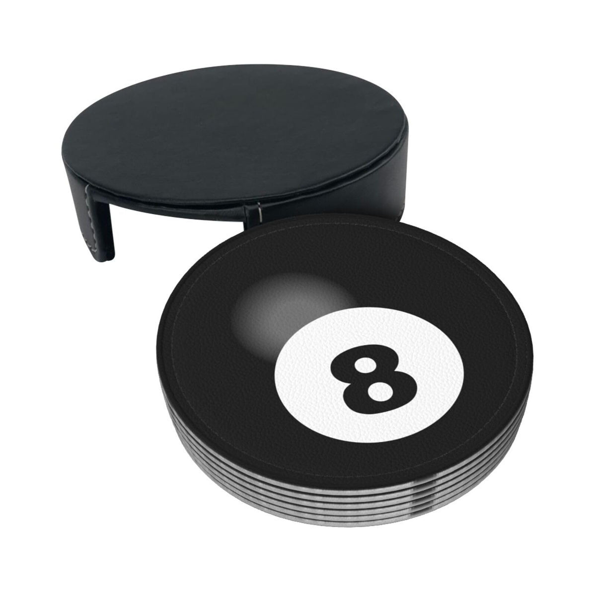 BOXIMIAO Drink Coasters with Holder Stand Set of 6, Billiard Ball Black 8 Pu Leather Absorbent Coasters with Cork Base Table Coaster Round Coasters for Housewarming Apartment Kitchen Bar Decor