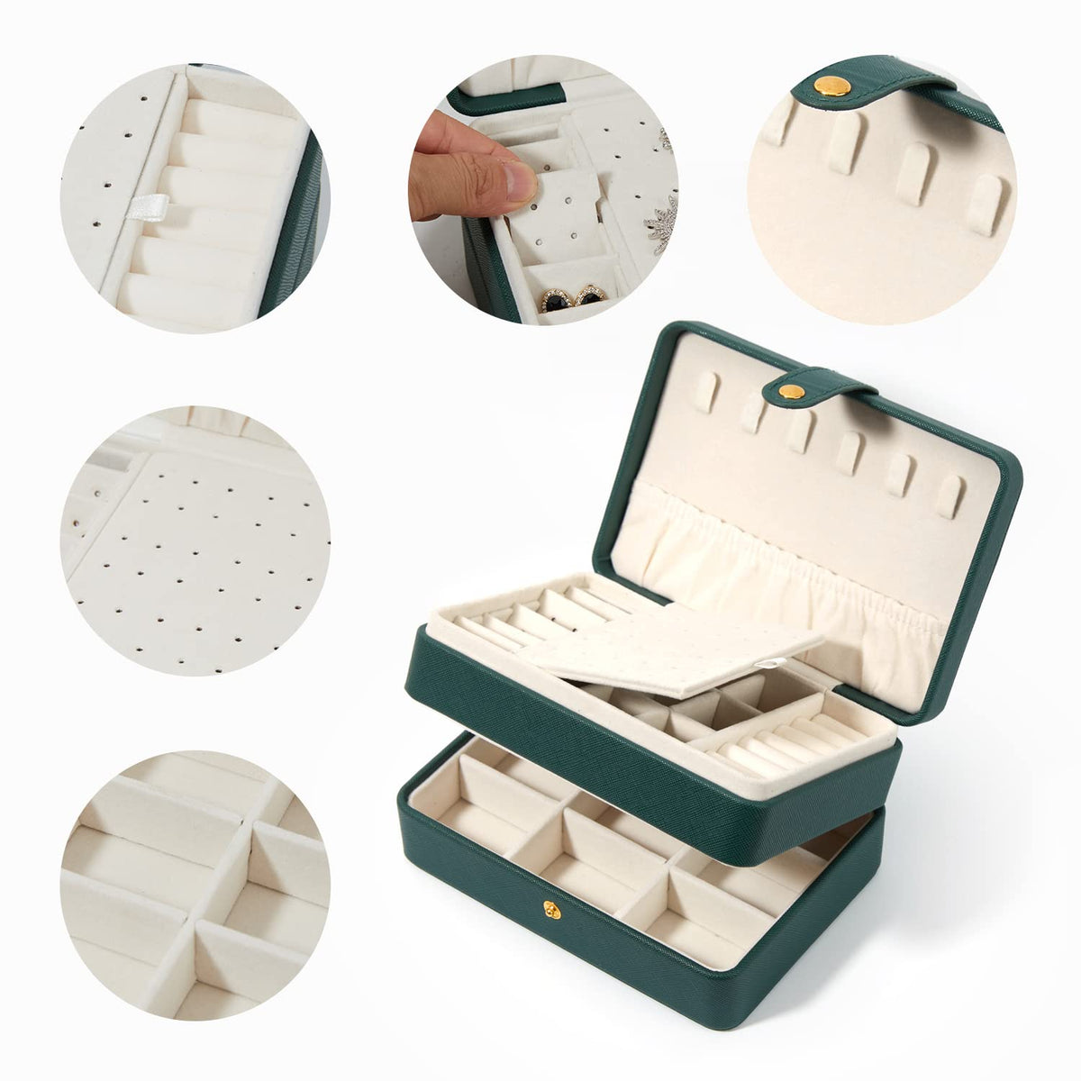 BUTI4WLD Travel Jewelry Case, Portable Jewelry Organizer Box with 3 Layers PU Leather Storage for Earrings, Necklaces, Rings, Bracelets, Compact Jewelry Gift for Women, Christmas Gifts (Green+Small)