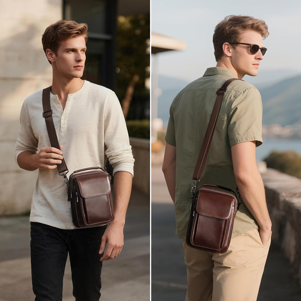 Augus Leather Small Messenger Bag For Men Crossbody Handbag Shoulder Sling Travel Bags for Men Purse Daypack Magnetic Buckle (Coffee)