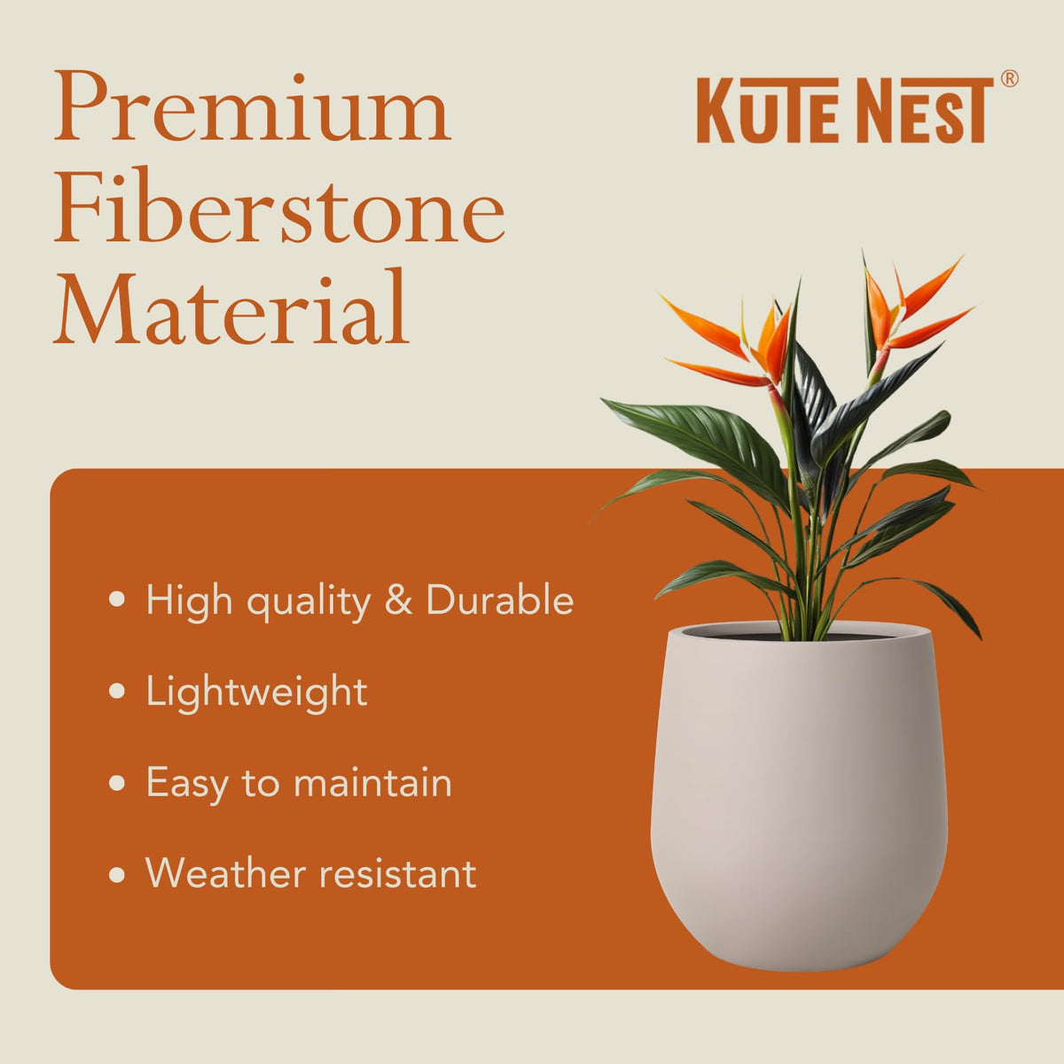 KUTE NEST 12.5" H x 11.4" D Premium Corso Fiberstone Round Tapered Planter with Drainage Hole, Weather Resistant for Indoor and Outdoor Use, Included 2 Extra Coco Mats (Taupe, 9" Pot Opening)