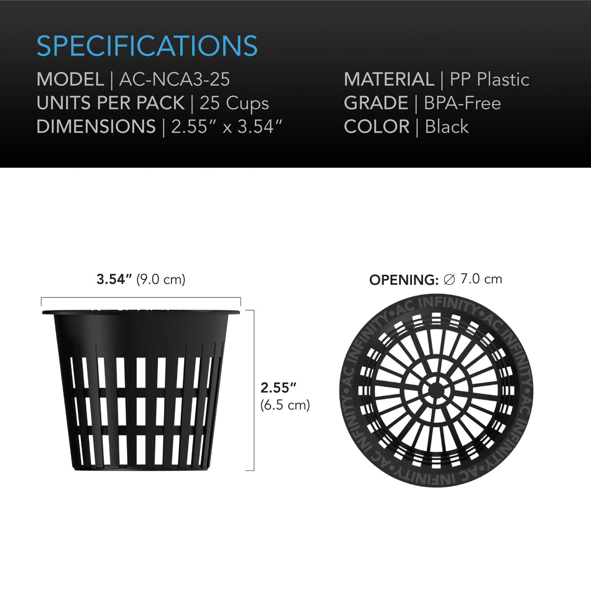 AC Infinity Net Cups 3-Inch, Heavy Duty Garden Slotted Net Pots with Wide Lip Rims, 25-Pack Black Bucket Basket for Indoor Outdoor Growing, Orchids, Aquaponics, Hydroponics