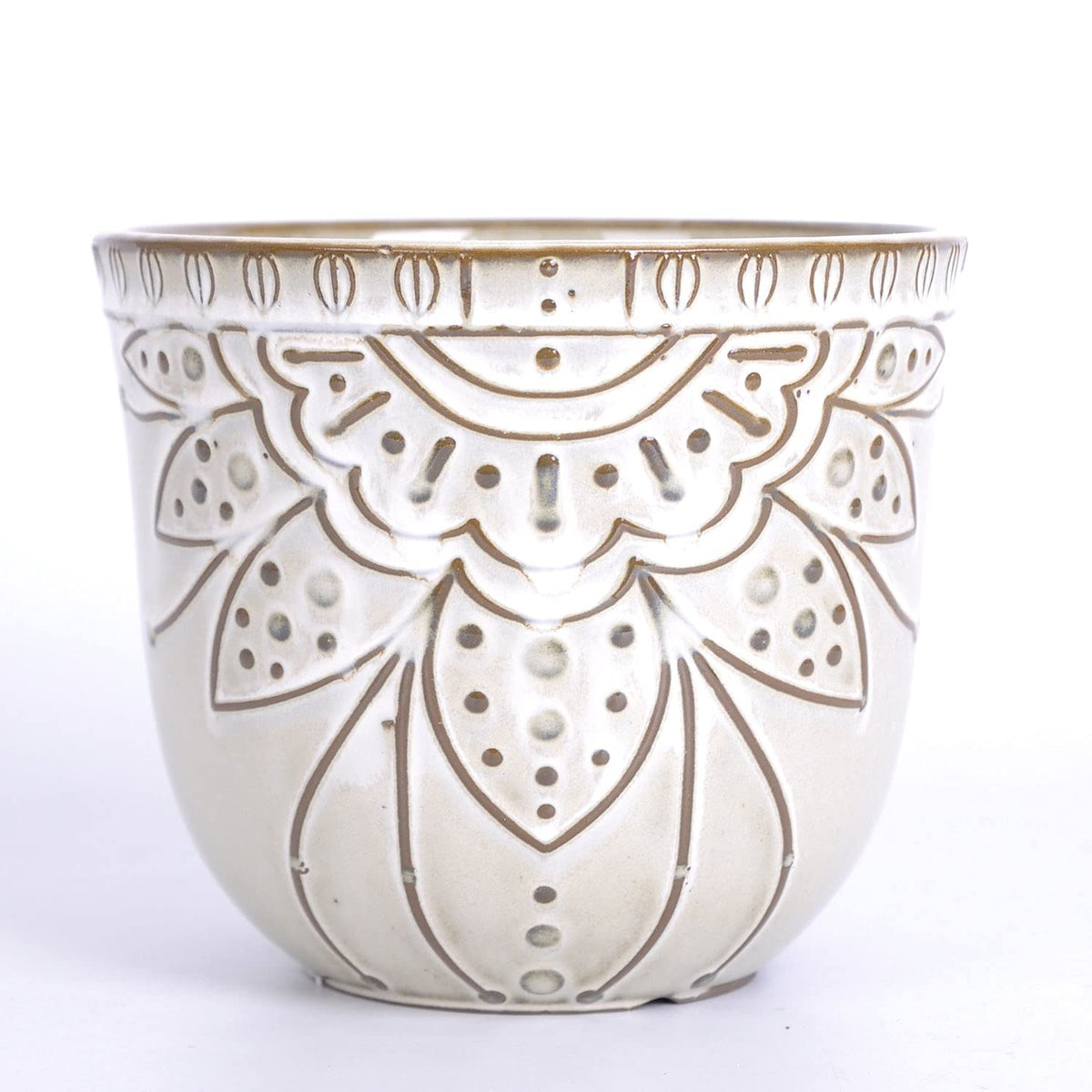 VanEnjoy 5.9 inch Round Bohemian Style Ceramic Planter, Geometry Engrave Off White Brown Planter Flower Pot, Indoor Outdoor Decorative Planter