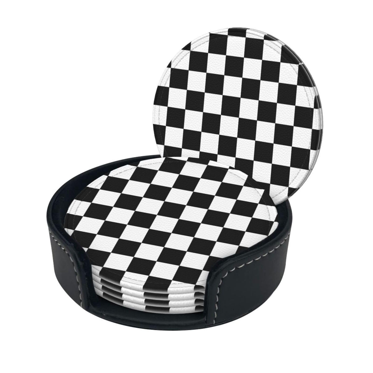 Black Checkered Leather Coasters Set of 6 with Holders for Drinks Cups, White Plaid 3.9" Round Coasters 6 Pcs for Coffee Bar Table Decor