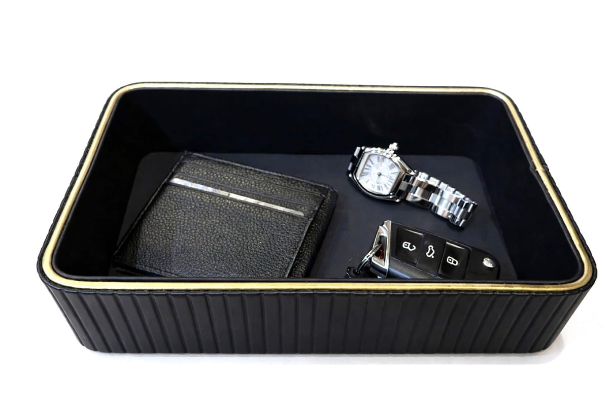 CASA MOCA Valet Tray, Small Leather Tray, Wallet Tray, Vanity Tray, Catch All Tray, Nightstand Tray Organizer, Bedside Organizer Tray, Office Desk Organizer (Black Onyx) for Men and Women.