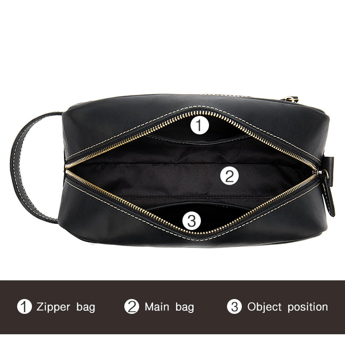 Full Grain Genuine Leather Zipped Travel Toiletry Bag for Women Men Ladies Clutch Purse Wallet Shaving Bag Cosmetic Bag Dopp Kit Wristlet Organizer Holder Wrist Bag Pack Business Handbag Black