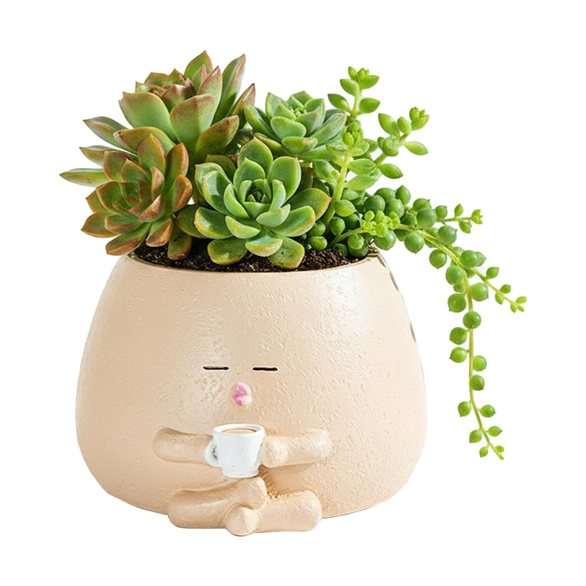 Yhupl Cute Smiling face Coffee Cup Shaped Flower Pot, Unique Seated Resin Planter, with Drainage Holes, Creative Small Home Decoration, Suitable for Indoor and Outdoor Planting (Beige)