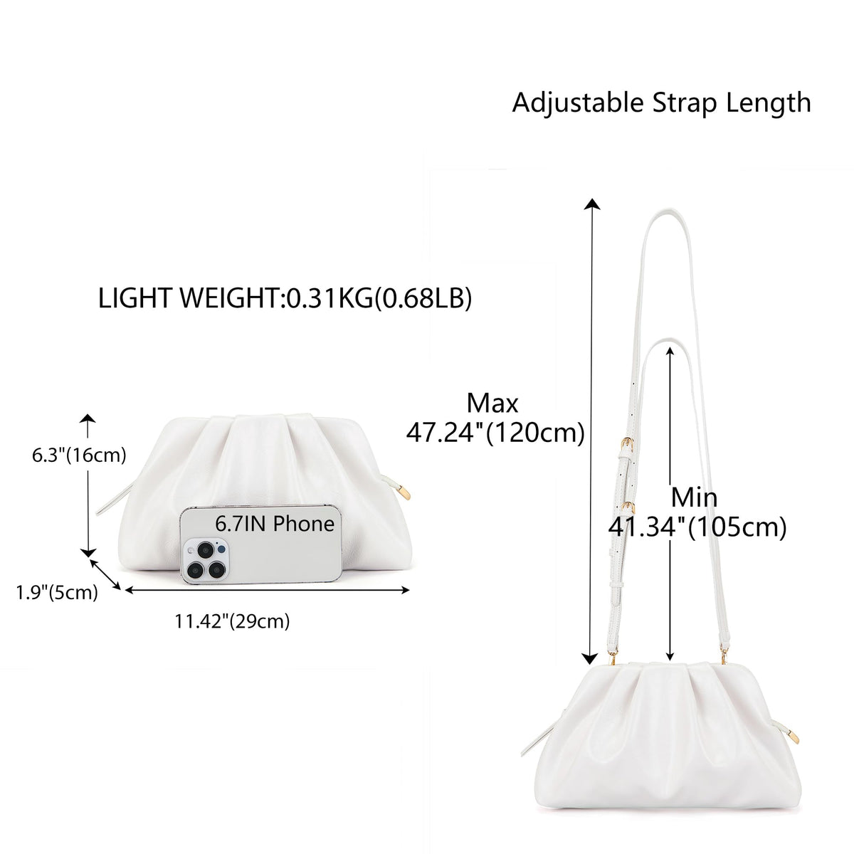 Milisente Clutch Purses for Women Shiny PU Leather Pleated Evening Clutch Bag With Shoulder Strap for Formal Wedding Prom (White)