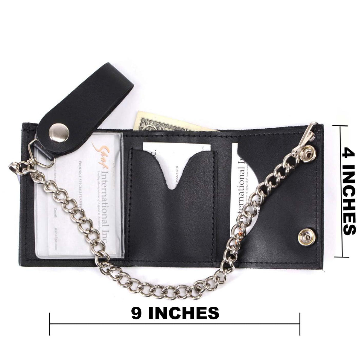 Milwaukee Leather MLW7831 Men's 4" Classic Black Plain Genuine Leather Tri-Fold Biker Wallet w/Anti-Theft Stainless Steel Chain - One Size