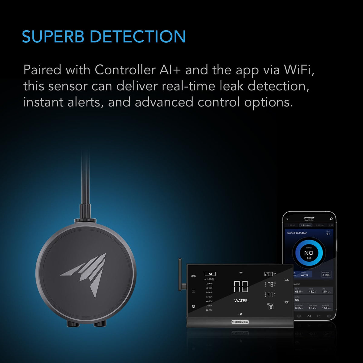 AC Infinity Water Detection Sensor Exclusively for AI Controllers, Monitor Presence of Water in Gardens, Grow Tents, Grow Spaces, Suction and Magnetic Mounting, IP68 Seal Protection