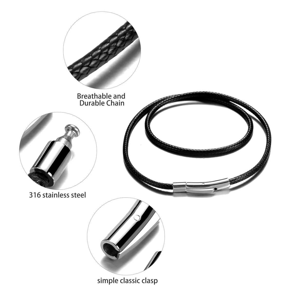 SKQIR 2mm Black Waterproof Braided Leather Cord Necklace with Durable Stainless Steel Snap Clasp Men Women Woven Wax String Rope Chain for DIY Pendant Length 24"
