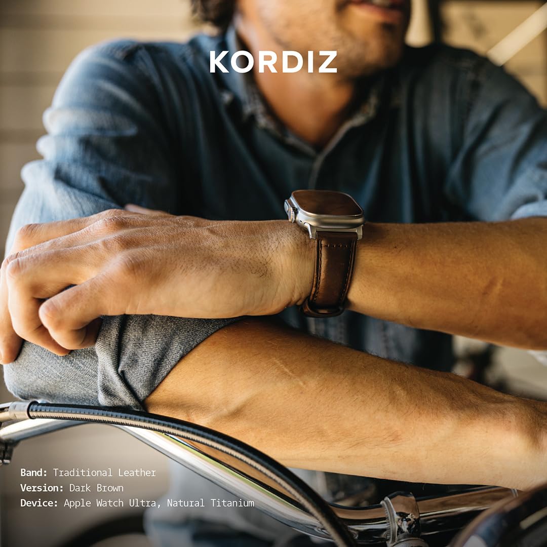 KORDIZ Traditional Leather Band for Apple Watch Series 11, 10, 9, 8, 7, 6 & SE3, SE2, SE [46mm/45mm/44mm] – Full-Grain Genuine Leather Replacement Strap for Men & Women – Classic Wristband Compatible with iWatch (Dark Brown)