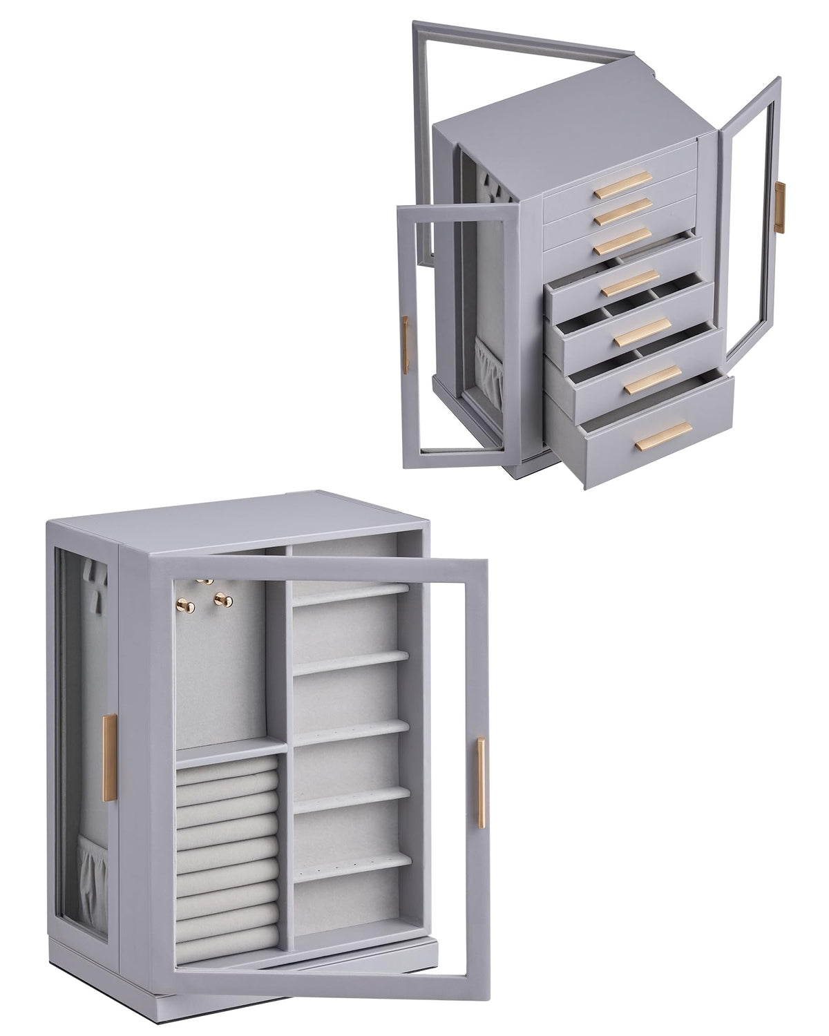Glimmloop 360° Rotating Jewelry Box with 7 Drawers, Spacious Vertical Jewelry Organizer with Glass Window, Jewelry Storage Case, Dustproof & Moisture-resistant Design, Grey