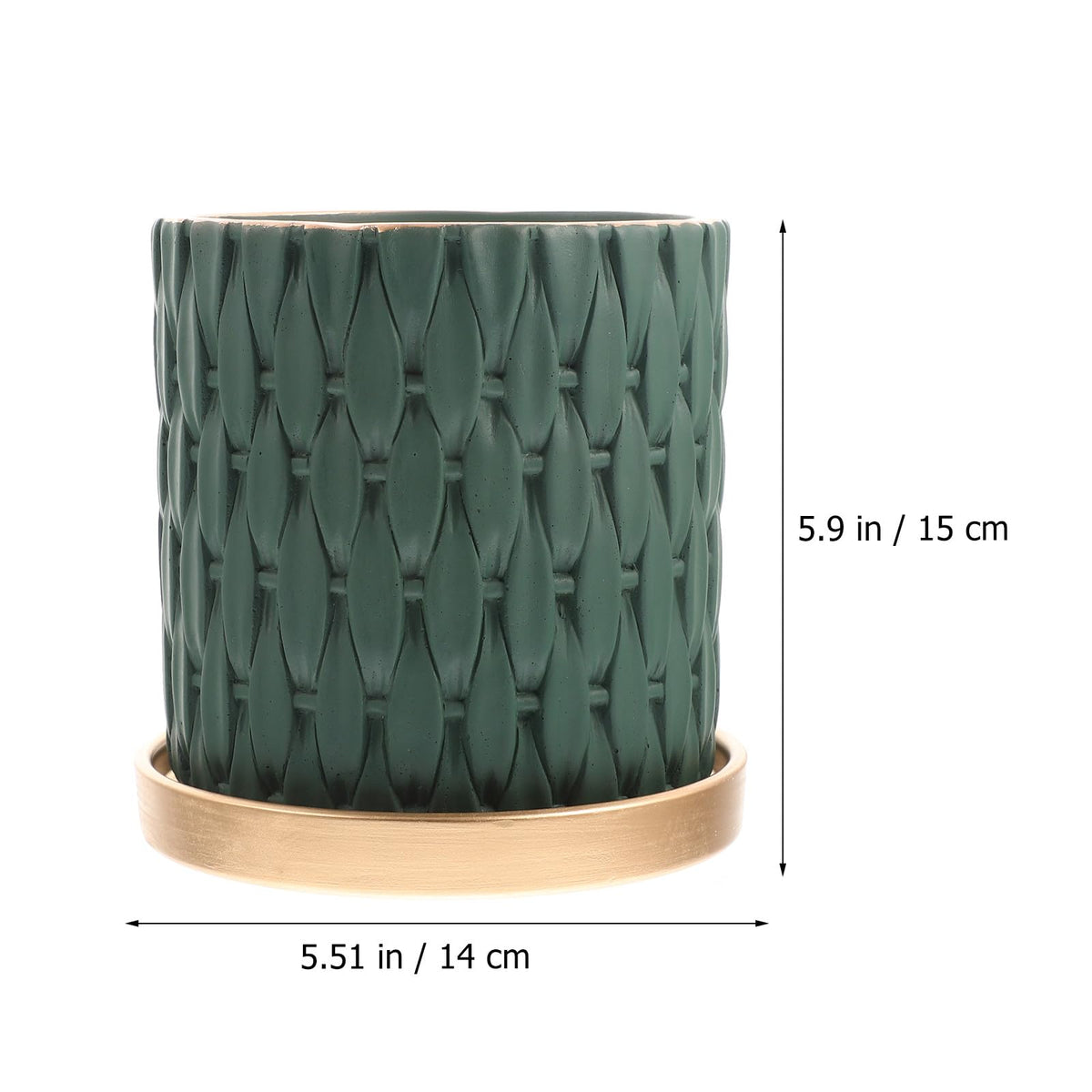 TIDTALEO European Style Cement Woven Pattern Plant Pot with Drainage Tray, Outdoor Indoor Nursery Flower Planter in Dark Emerald and Metallic Tray, Garden Planting Accessory for Patio