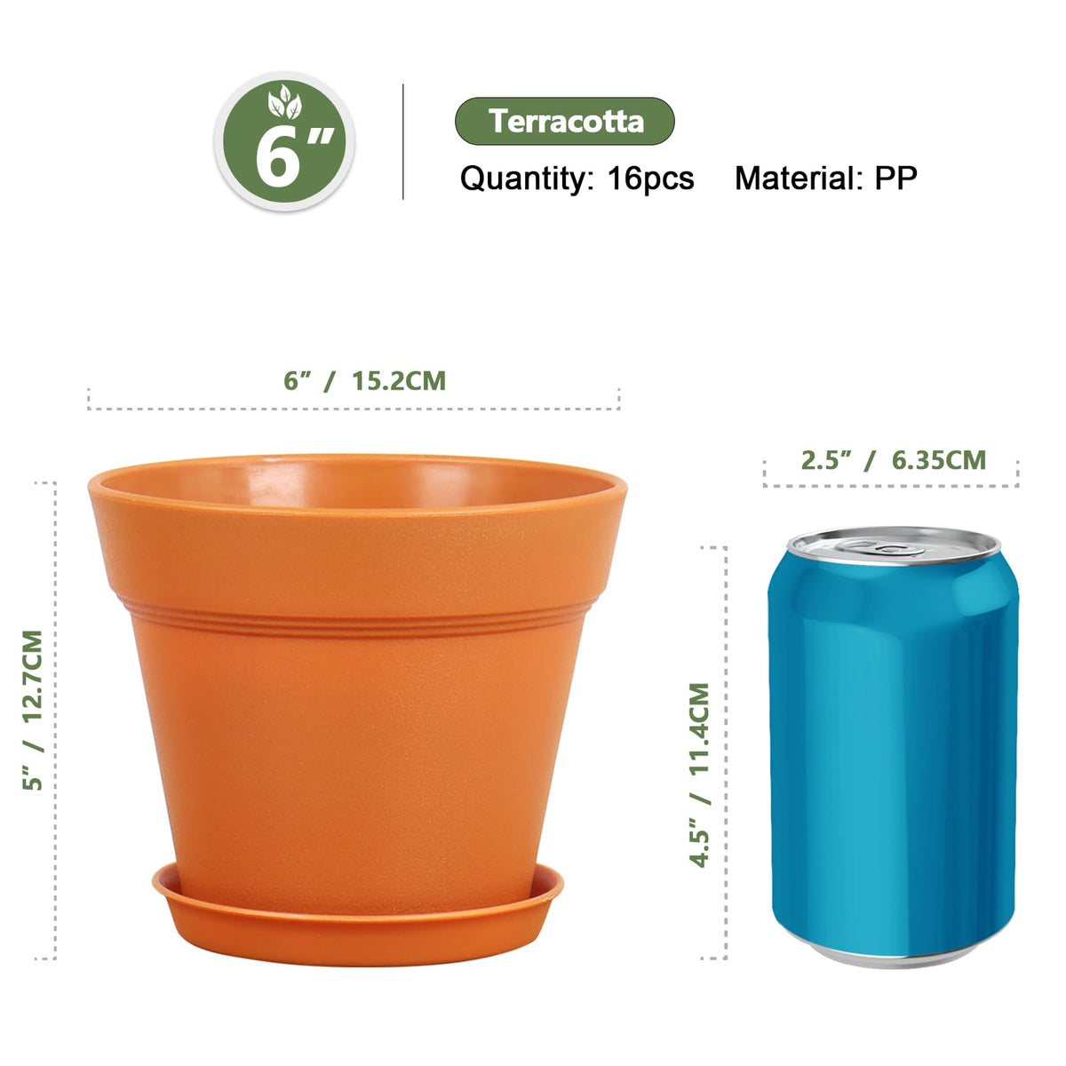 Meowell 6 inch Plastic Nursery Pots, 16 Pack Plant Pots for Indoor Outdoor Plants, Flower Pots with Drainage Holes and Saucers, Decorative Seedling Starter Planters for House Plants, Terracotta