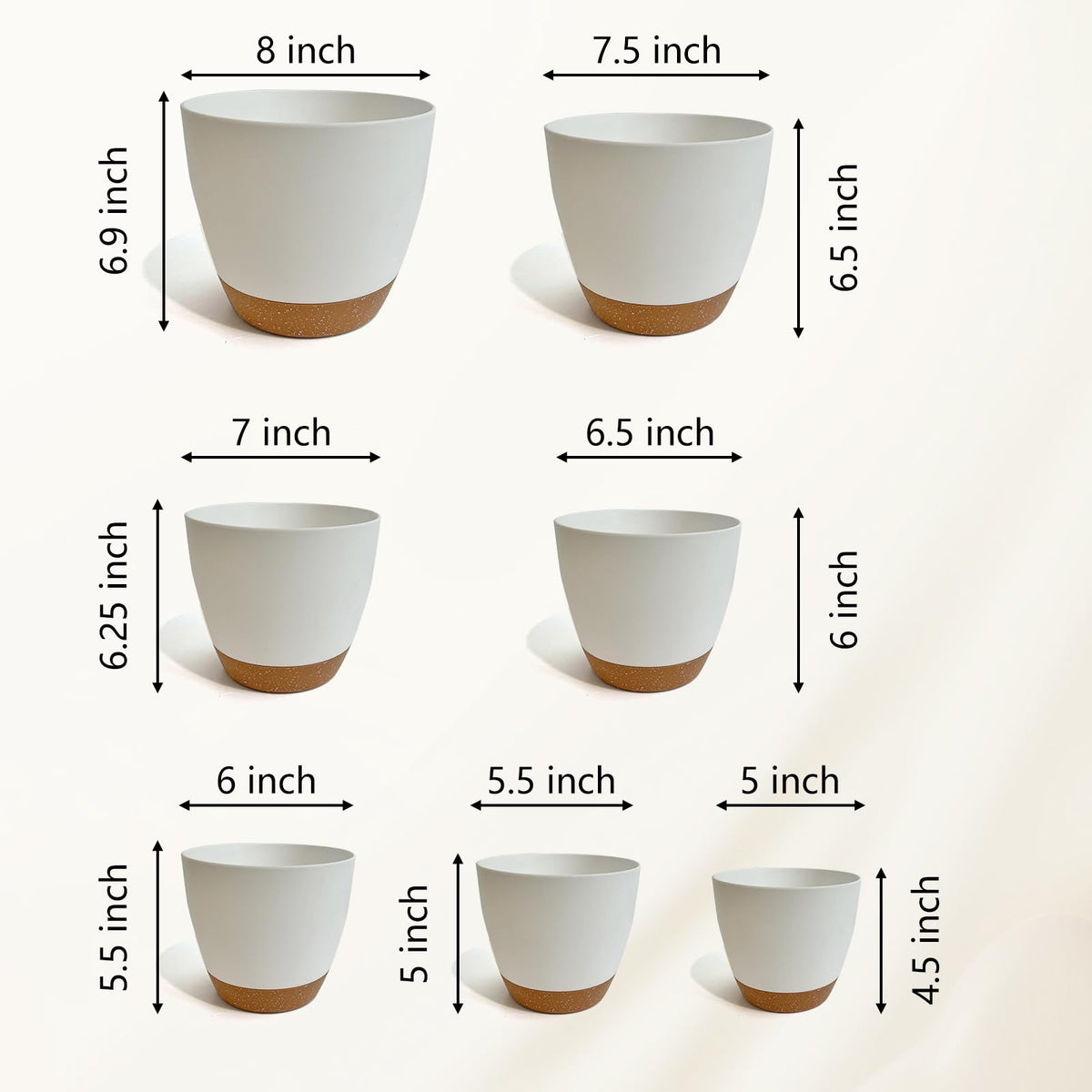 LIFFY Plant Pots, 8,7.5,7,6.5,6,5.5,5 Inch Plastic Self Watering Planters with Drainage Holes & Saucers, 7-Pack White Nursery Planting Pot with Deep Reservoir for Indoor Outdoor Plants