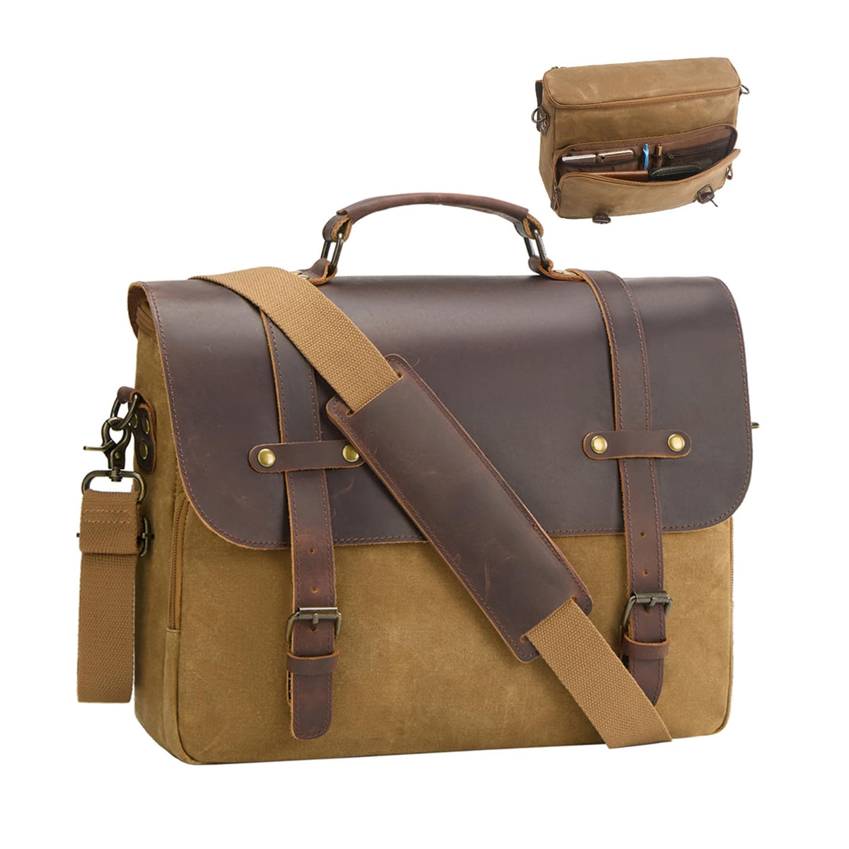 Men's Messenger Bag Waxed Canvas Briefcase 16 Inch Vintage Genuine Leather Computer Laptop Bags Waterproof Satchel Shoulder Bag for Work/Business/Office
