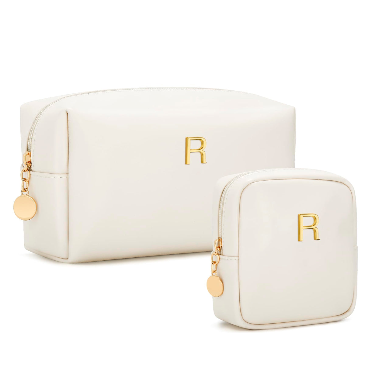 CLOUDWINGS Personalized Birthday Gifts for Women - Initial Makeup Bag Set Travel Toiletry Bag Cosmetic Bags Soft Waterproof PU Leather Makeup Pouch Travel Essentials (R, 2pcs Beige)