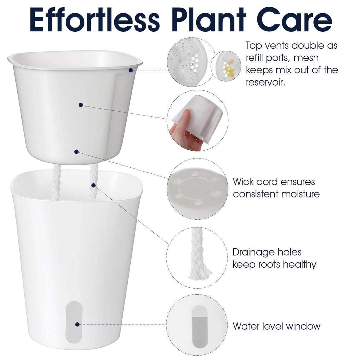 Douaowoc 8 Pack 4" Self Watering Pots for Indoor Plants, Clear Inner Cup, Small White Plastic Planters, Water Level Indicator, Drainage Holes, Extra Wick, Cuttings, Seedlings, African Violets