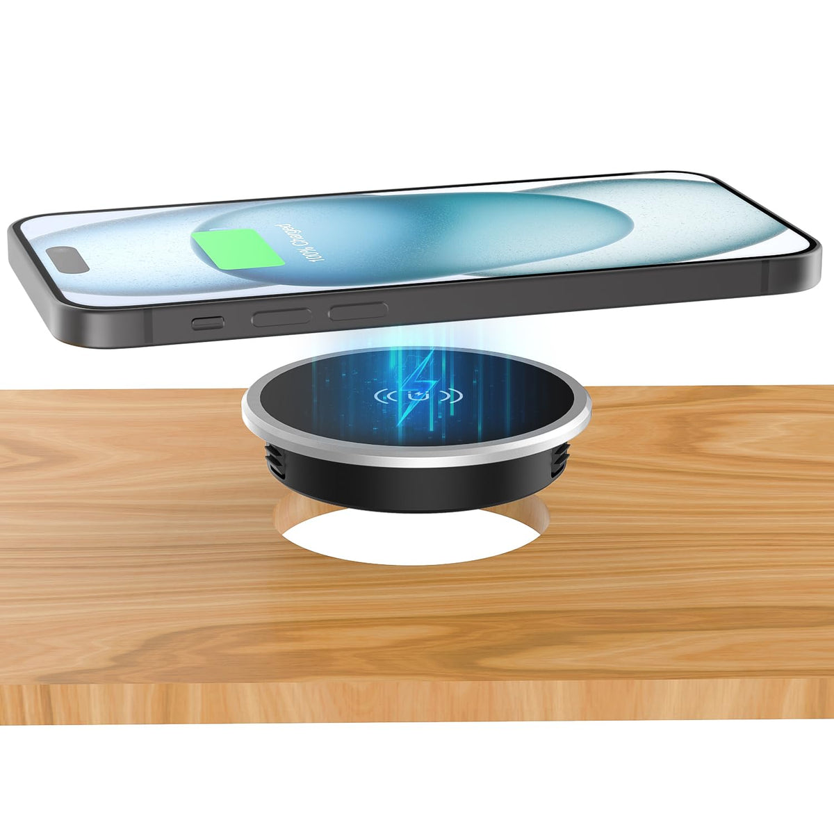 Wireless Magnetic Charger Desk Mount 15W Fast Charger for iPhone 17 16 Pro Max 15 14 13 12 Series,Magnet Qi Charging Pad/Station for AirPods,Recessed Hidden Under Desktop Hole Save Nightstand Space