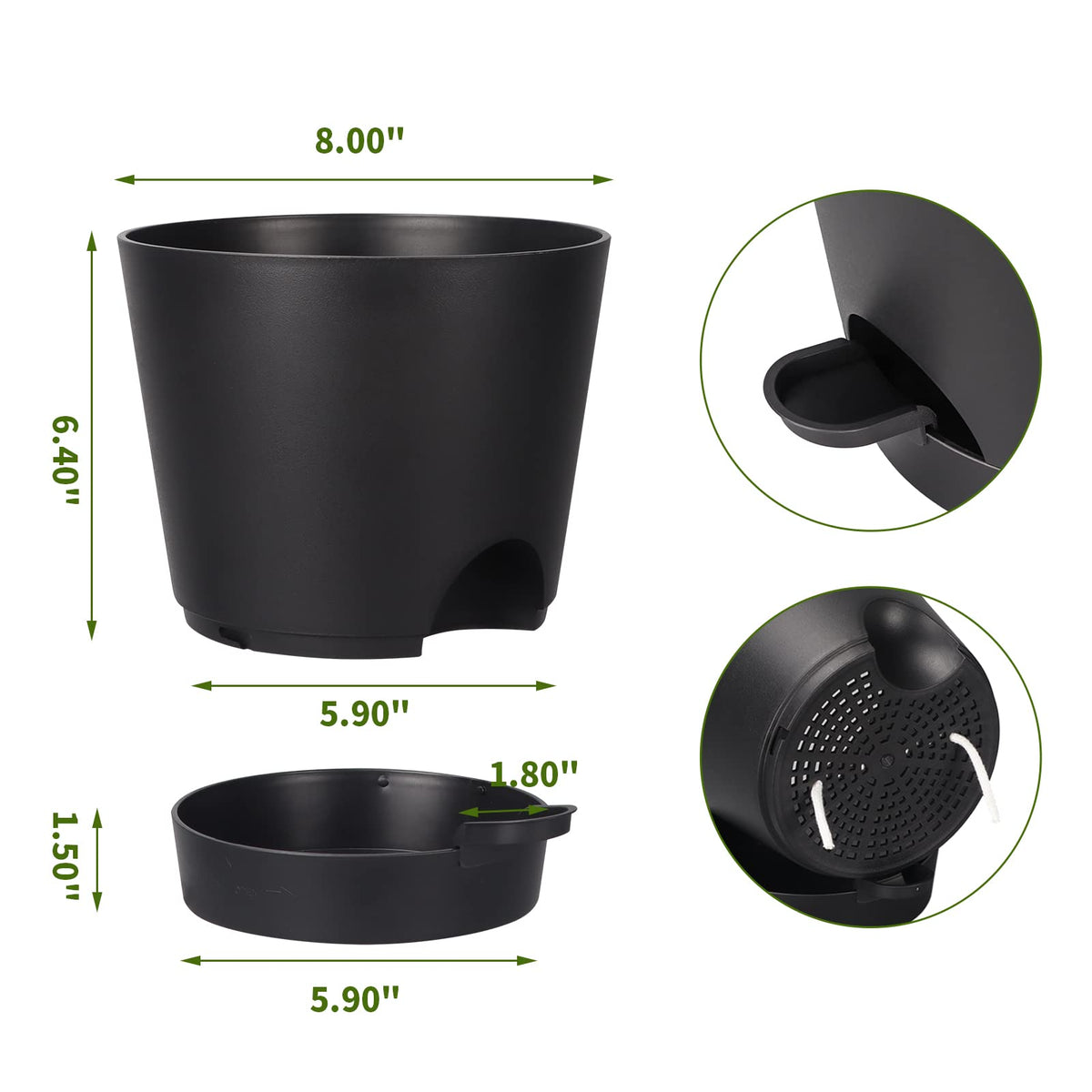 SPEPLA 8 Inch Self Watering pots for Indoor, 6 Pack Plastic Plant Pots with Drainage Holes, Black