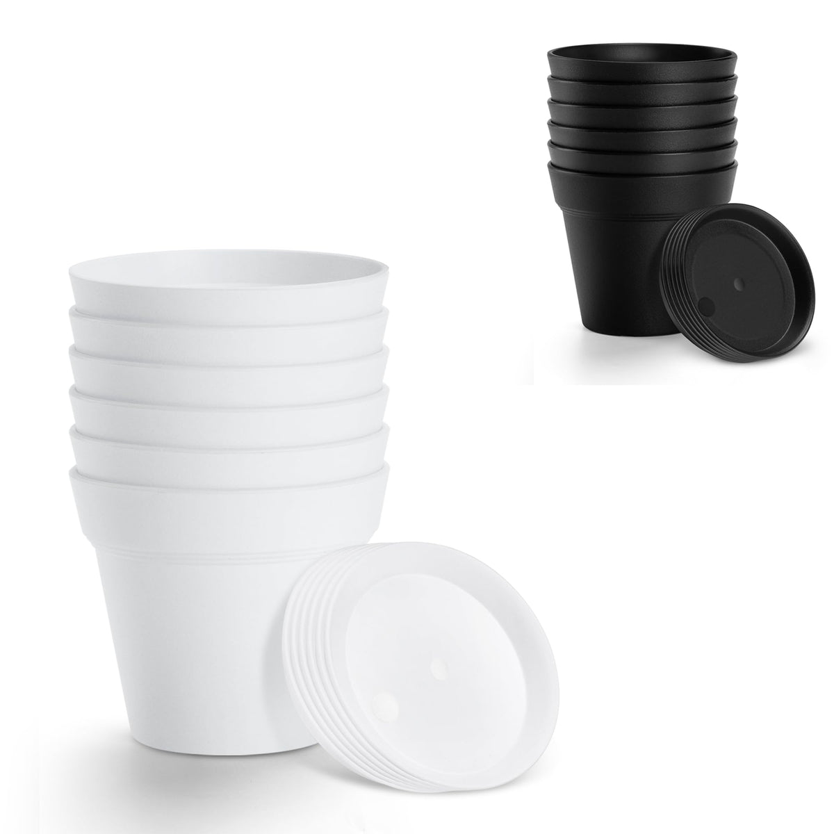 FHWTY 6 Pack 7in Plastic Plant Pots Black & 6 Pack 7in Plastic Plant Pots White