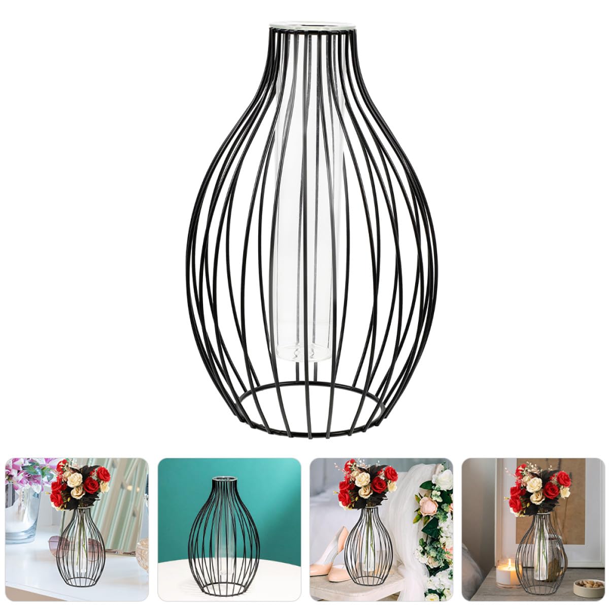 Veemoon Geometric Glass Tube Vase with Black Iron Art Frame, Small Hydroponic Plant Holder for Home Décor, Propagation Tubes Terrarium Display