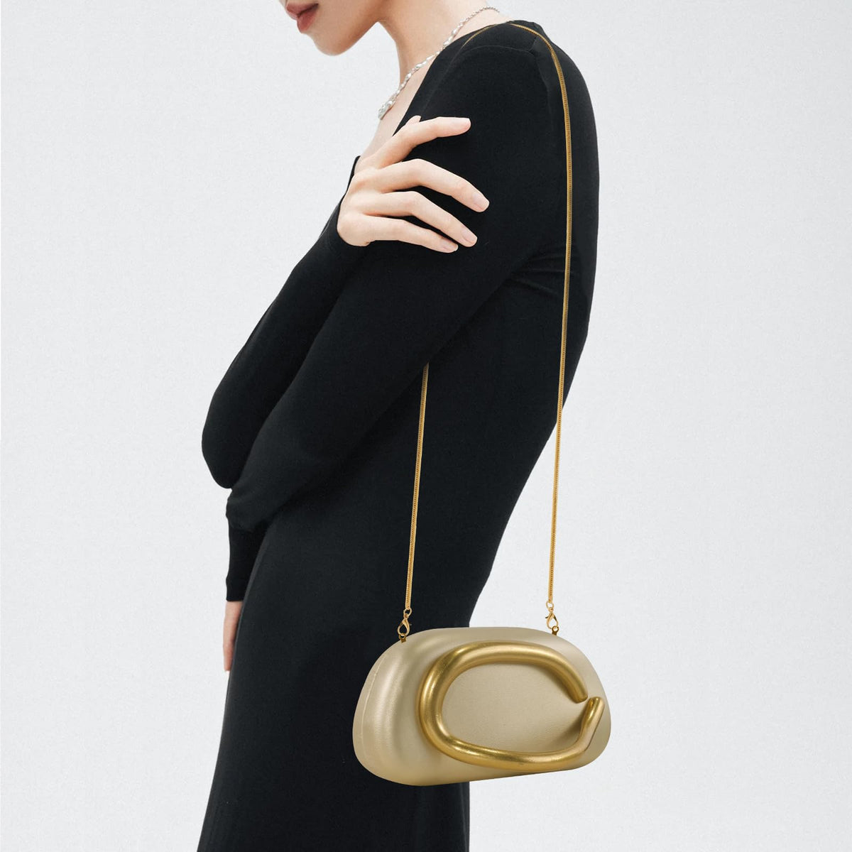 NEWROGENG Clutch Purses for Women Formal, PU Leather Evening Bags with Chain, Trendy Metal Handle Purses and Handbags 2025, Leather Gold