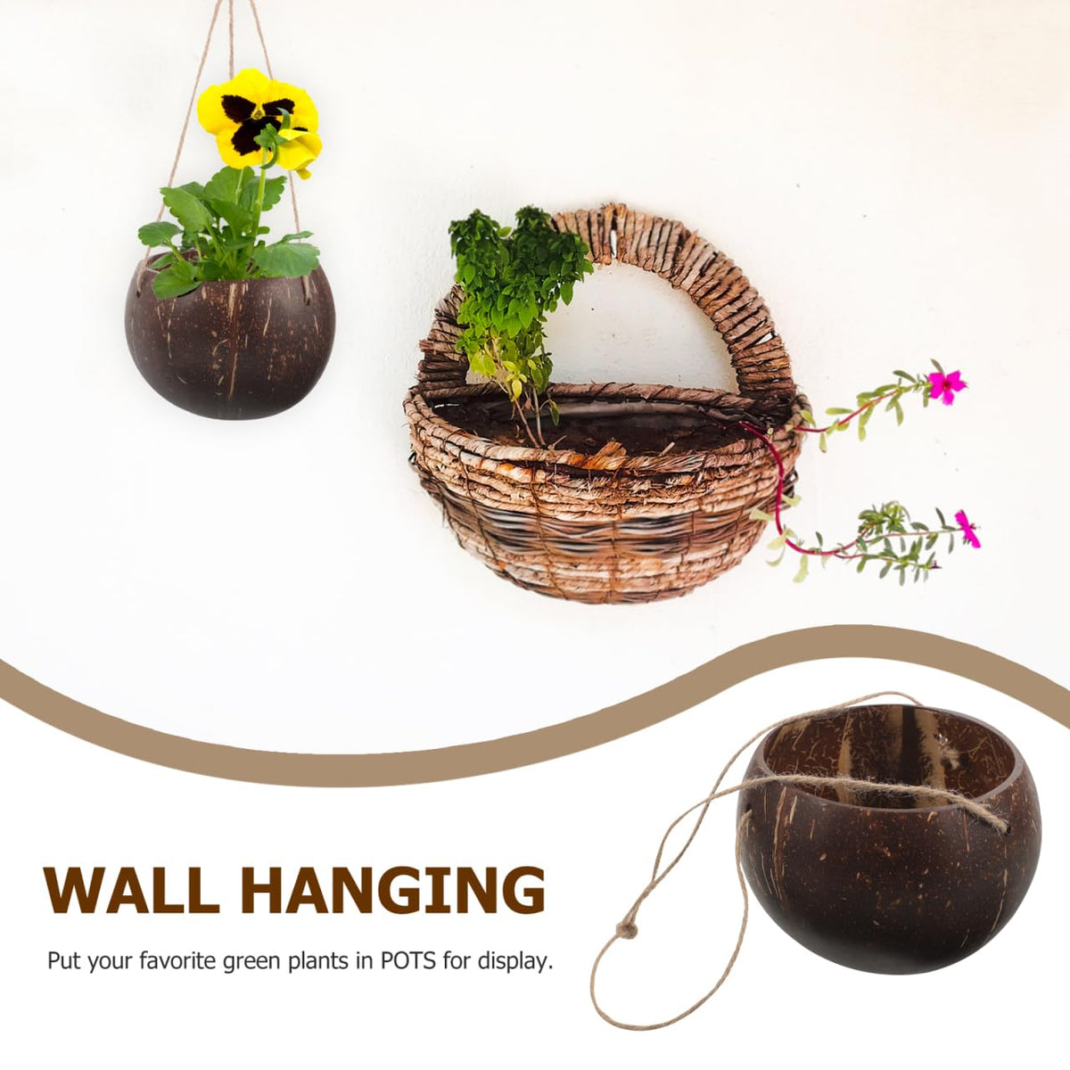 GANAZONO Coconut Shell Hanging Planter with Rope - Natural Indoor & Outdoor Hanging Pot for Orchids and Small Plants Eco-Friendly Round Coconut Planters for Home and Balcony Decor