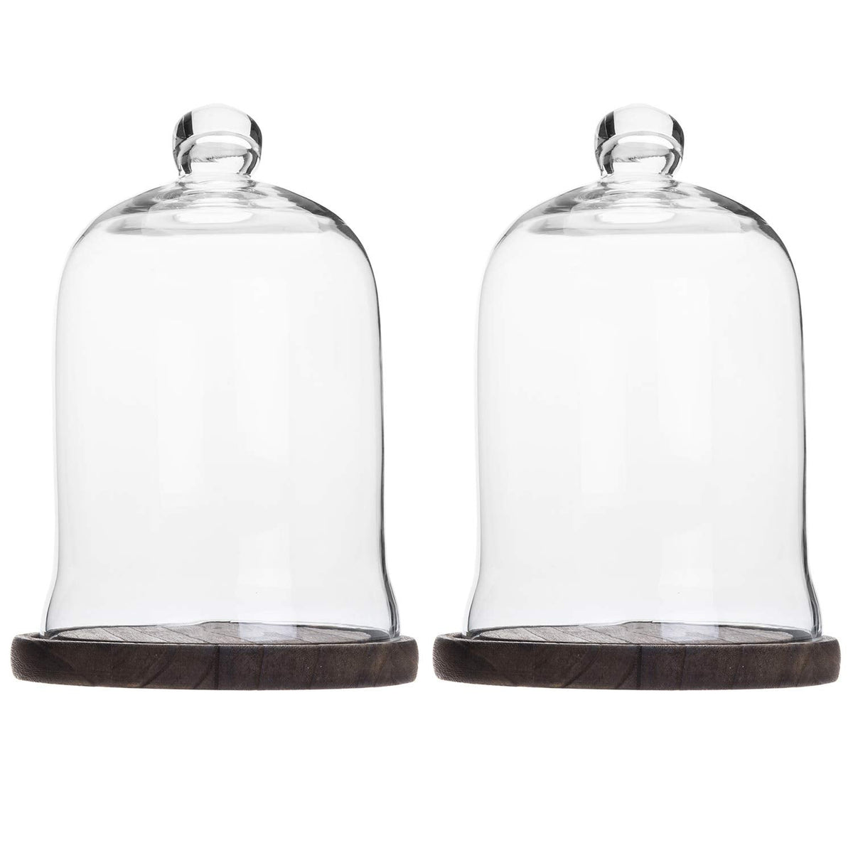 MyGift Clear Cloche Glass Dome, Display Bell Jar with Top Handle and Rustic Brown Solid Wood Base, Set of 2