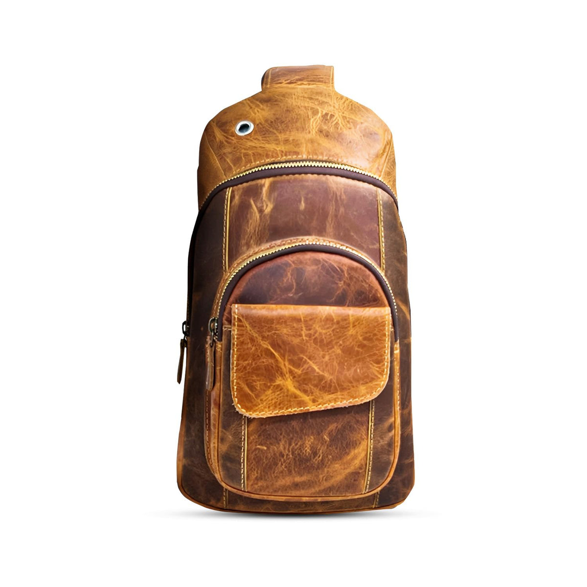 The Tannery Handmade Buffalo Leather Multipurpose Travel Hiking Crossbody Chest Backpack with Adjustable Shoulder Strap, Thanks Giving (Brown, Large)
