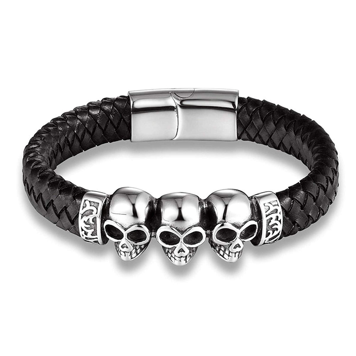 HAQUIL Gothic Punk Triple Skull Leather Wristband Cuff Bracelet. Goth Skull Jewelry Gift for Men