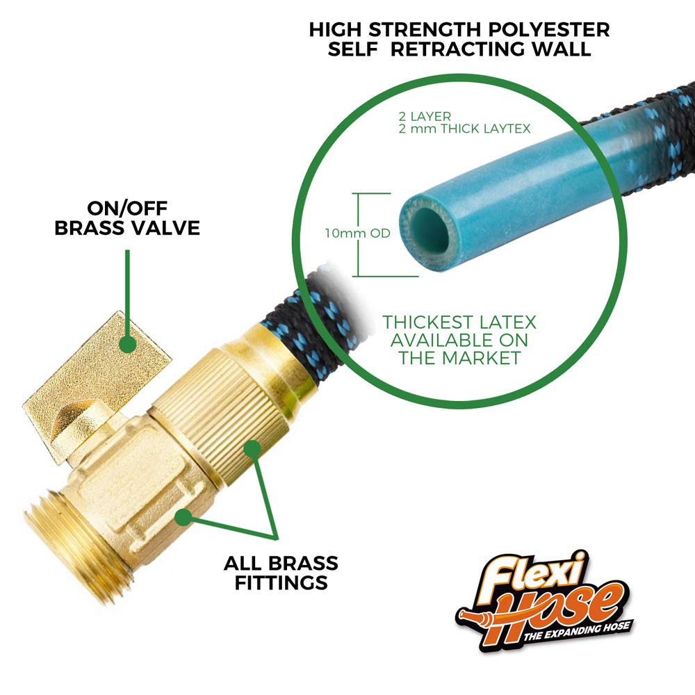 Flexi Hose Expandable Garden Hose with 8 Function Nozzle, 75FT - Lightweight Retractable Garden Hose, Water Hose - No-Kink Flexibility, 3/4 Inch Solid Brass Fittings and Double Latex Core