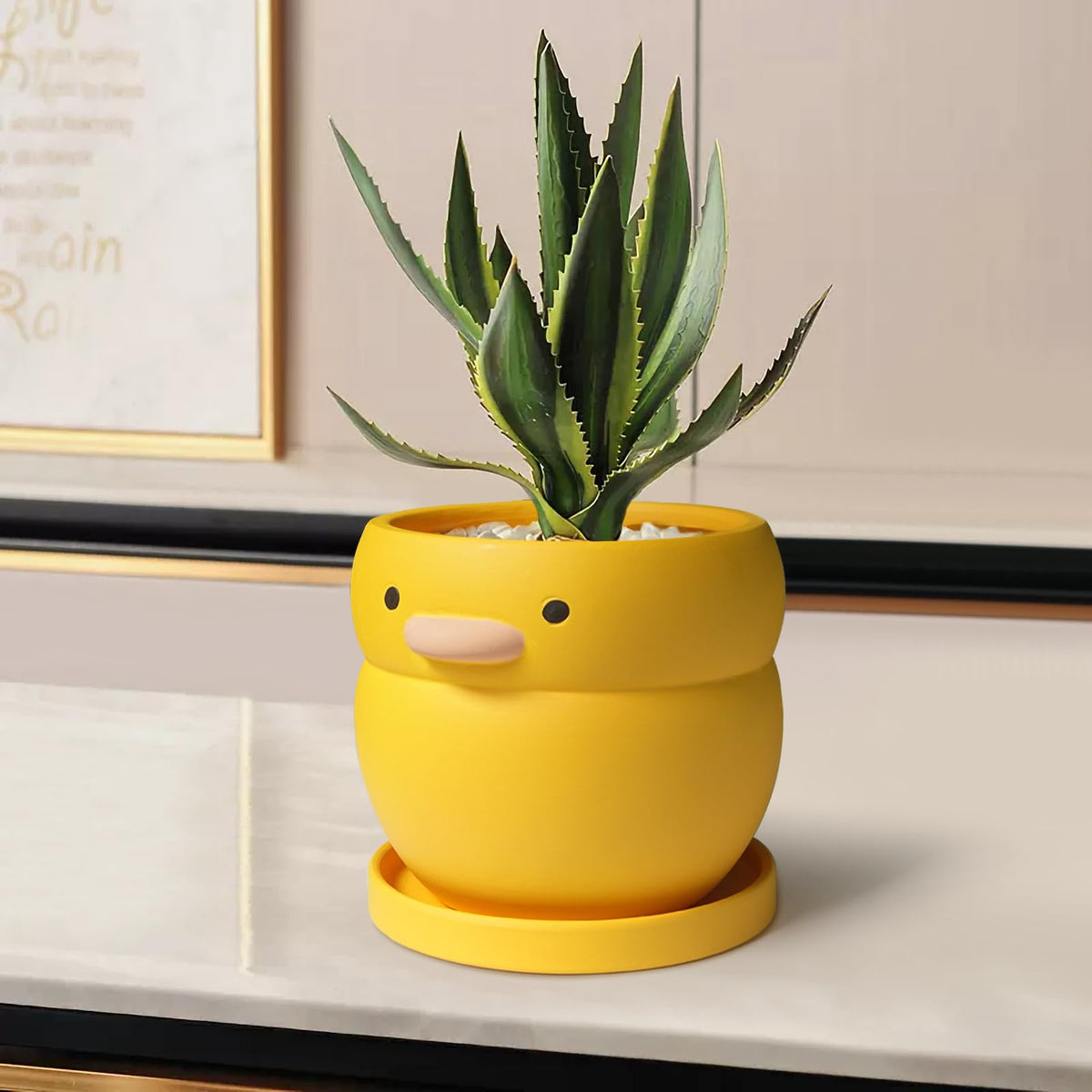 GeLive 4 Inch Yellow Duck Plant Pot Ceramic Planter with Drainage Tray Indoor Plants Succulent Pot Tabletop Organizer Decor Pen Holder Cartoon Statue Unique Gift
