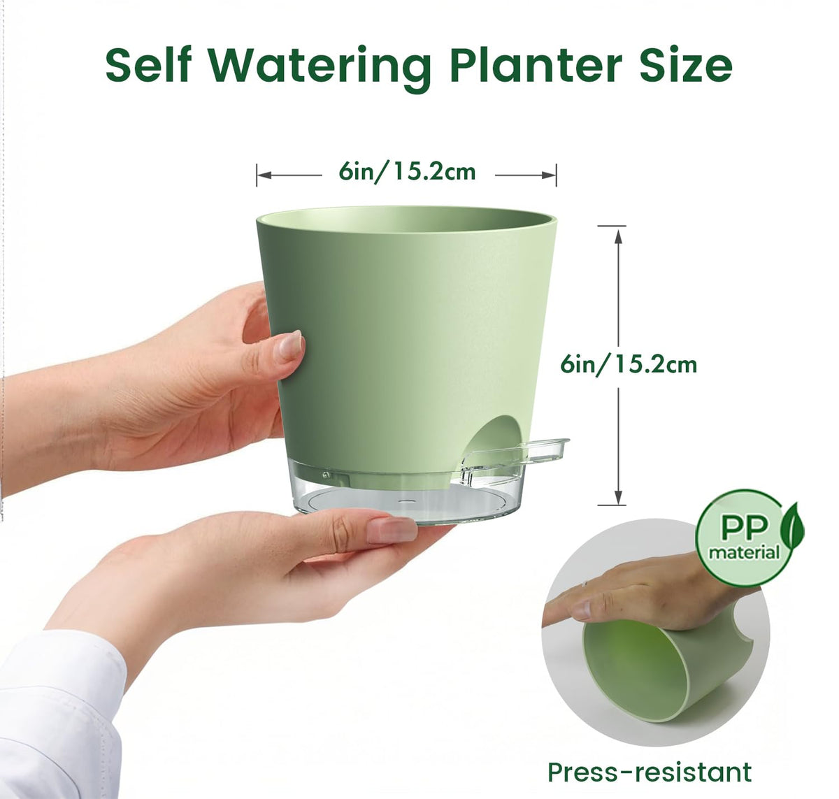 Meowell 6 inch Self Watering Pots for Indoor Outdoor Plants, 3 Pack Flower Plant Pots with Drainage Holes and Clear Reservoirs, Visible Water Level, Plastic Planters with Wicking Rope, Green