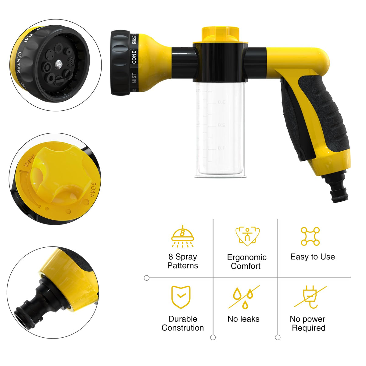 Garden Hose Nozzle, High Pressure Spray Gun Nozzle, 8 Spray Patterns for Watering Plants, Lawn, Patio, Cleaning, Showering Pet with 3.5oz/100cc Soap Dispenser Bottle (Orange)