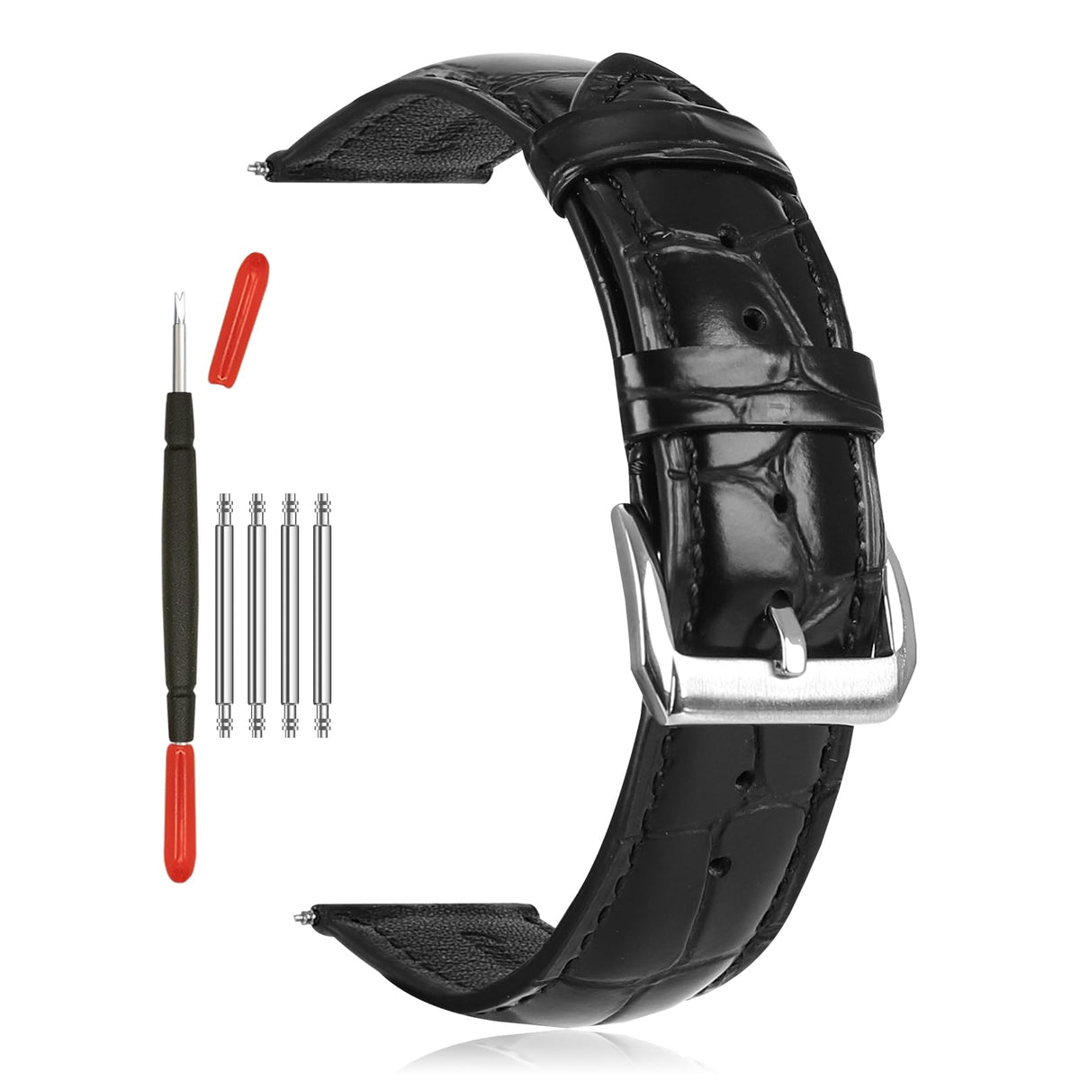 Vellsar XL Genuine Leather Watch Band 21mm Watch Straps for Large Wrist - Extra Long Adjustable Replacement Straps, Alligator Grain Embossed Watchband (Black)