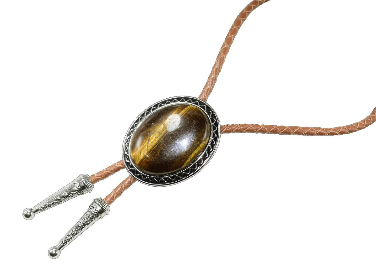 Moranse Bolo Tie with Natural Tiger Eye Stone Celtic Style Genuine and Colored Cowhide Rope
