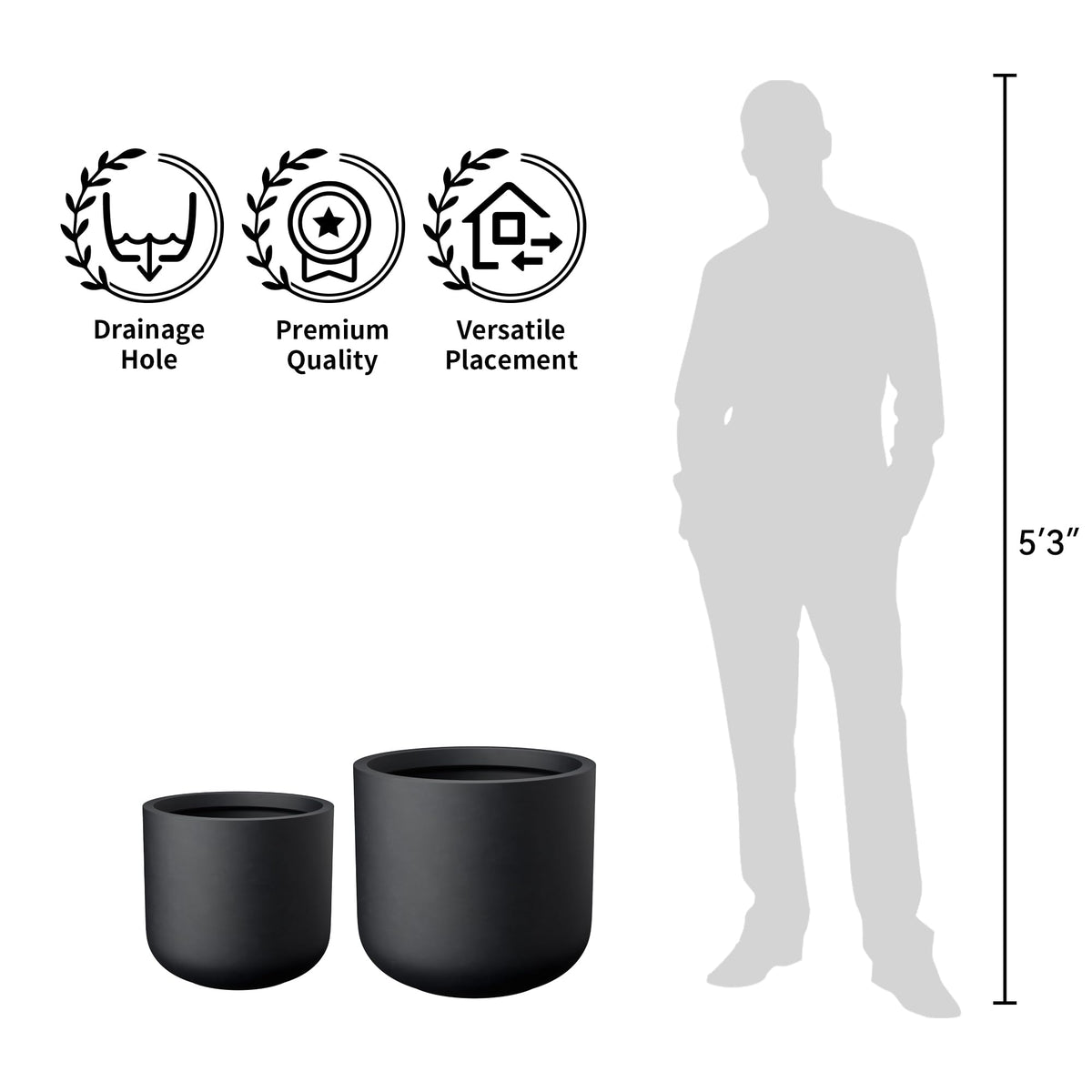 Kante Round Concrete Planter, 17.3 Inch Dia Classic-Style Large Pot with Drainage, Raven Black Finish with Painted Interior, for Indoor & Outdoor Plants, Home, Patio and Garden