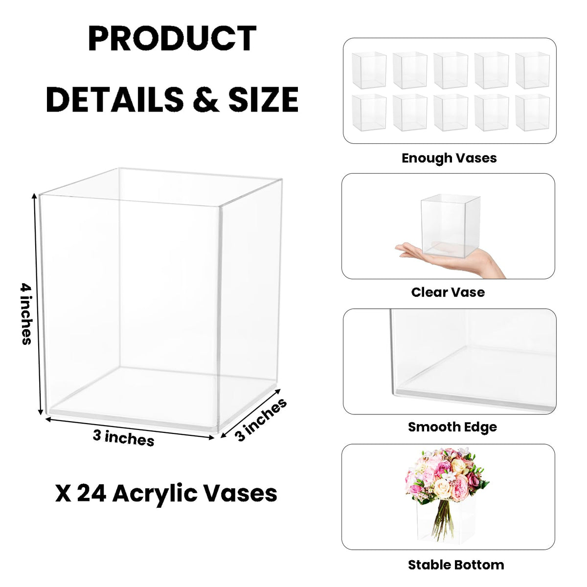 24 Pack Acrylic Vases for Centerpiece, Acrylic Cube Plastic Flower Vase Bulk Succulent Pots Planters Clear Small Square Opening Plastic Vases for Centerpiece Wedding Party Home Office, 4 x 3 x 3 Inch