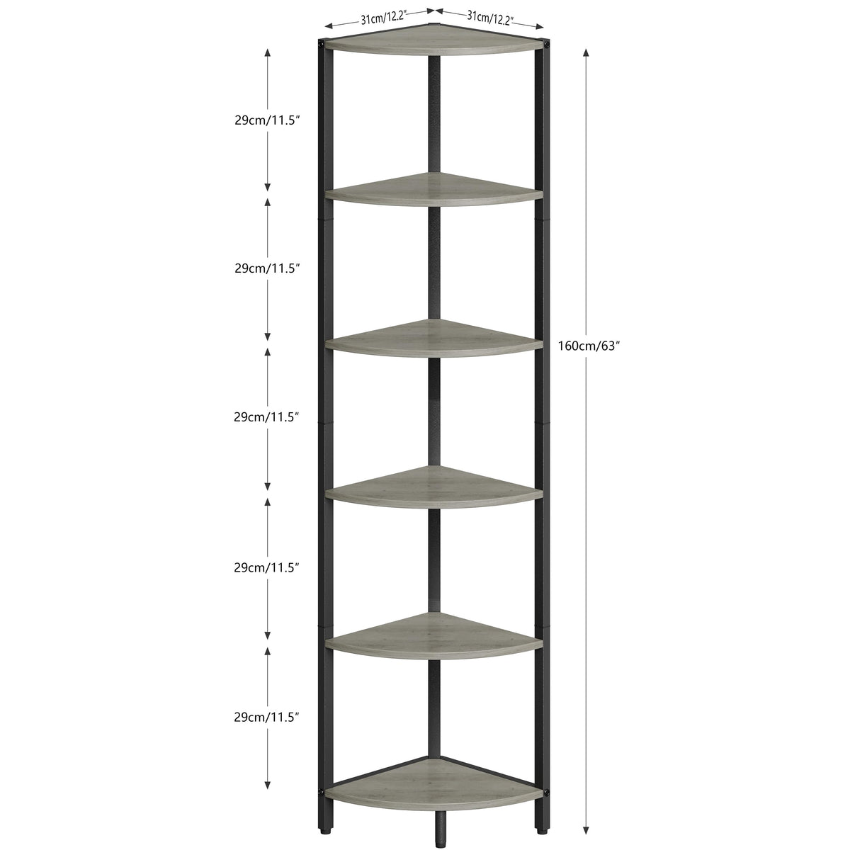 IRCPEN 6 Tier Corner Shelf 63.1" Tall Corner Shelves Stand Ladder Shelf Metal Standing Bookshelf Organizer Display Rack Bookcase Plant Stand Industrial Rustic for Living Room Bedroom Oak CS-001GR