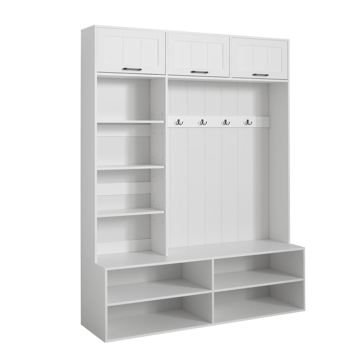 5-in-1 Hall Tree with Bench, Entryway Storage Organizer Cabinet, White