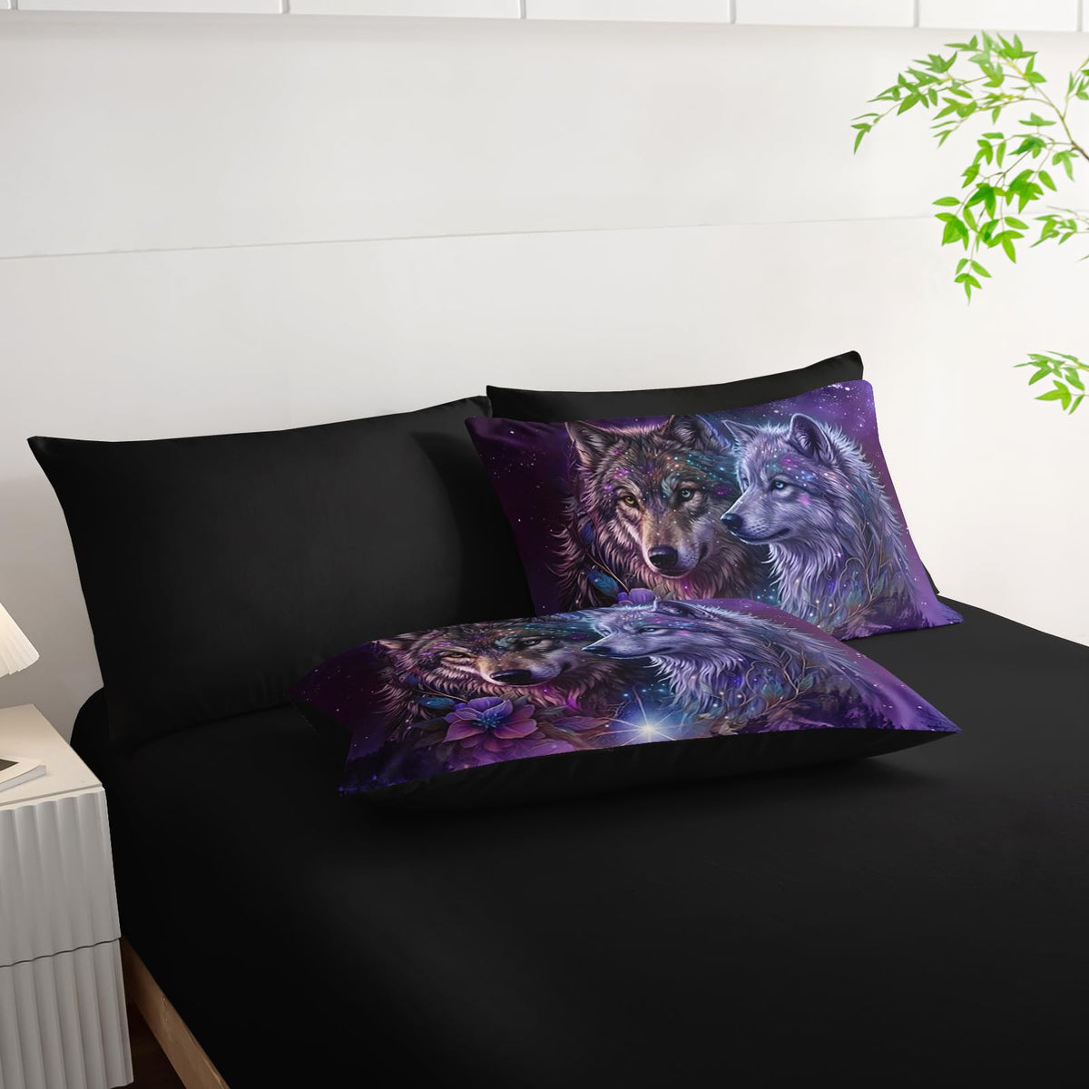 AILONEN Wolf Comforter Bedding Set Full Size,Purple Starry Night Galaxy Bed in a Bag,7Pcs Soft Microfiber Black Comforter,Fitted Sheet,Flat Sheet,2 Pillowcases,2 Pillow Shams