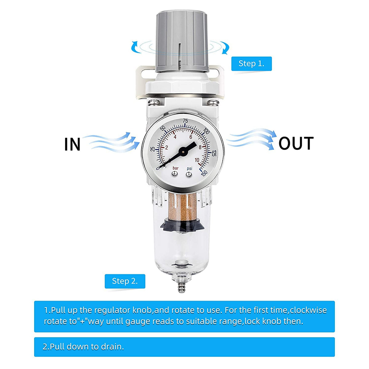 NANPU 1/4" NPT Compressed Air Filter Regulator Combo Piggyback, 5 Micron Brass Element, Poly Bowl, Semi-Auto Drain, Metal Bracket, 0-150 psi Gauge, Ball Valve