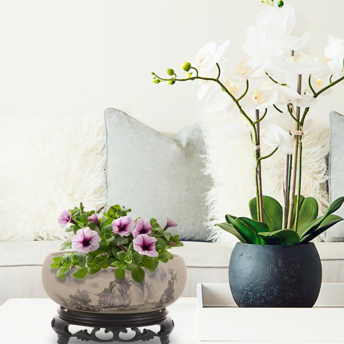 Kisangel Lotus Bowl Planter for Water Lilies, 6.68" No-Hole Coarse Pottery Water Lily Pot with Base, Compact Lotus Bowl for Indoor Zen Desktop Decor & Aquatic Plants