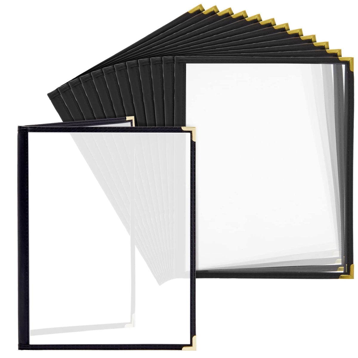Juvale Clear Menu Covers 8x11 in 4 View - 12-Pack, Letter Size Black PU Leather - Double Panel Clear Sleeves & Gold Metal Corners - Menu Holders for Restaurants & Bars