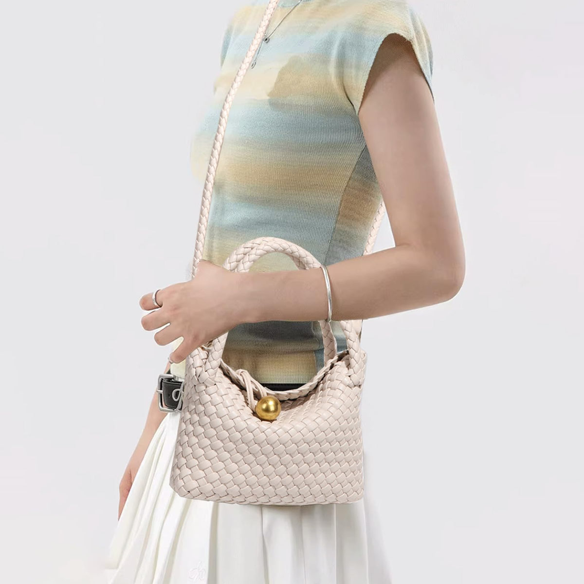 Waiyqju Mini Woven Women's Handbag Lightweight Luxury Vegan Leather Handle Fashion Business Daily Crossbody Bag (6# Off-white)
