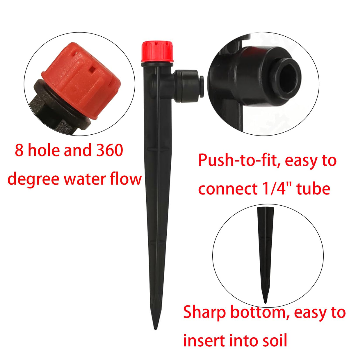 50 Pack Quick-Connect Irrigation Drippers for 1/4'' Irrigation Tubing 8 Hole Sprinkler Heads Push-to-Fit Drip Irrigation 360 Degree Adjustable Drip Emitters with Stake for Garden Patio Flower(Red)