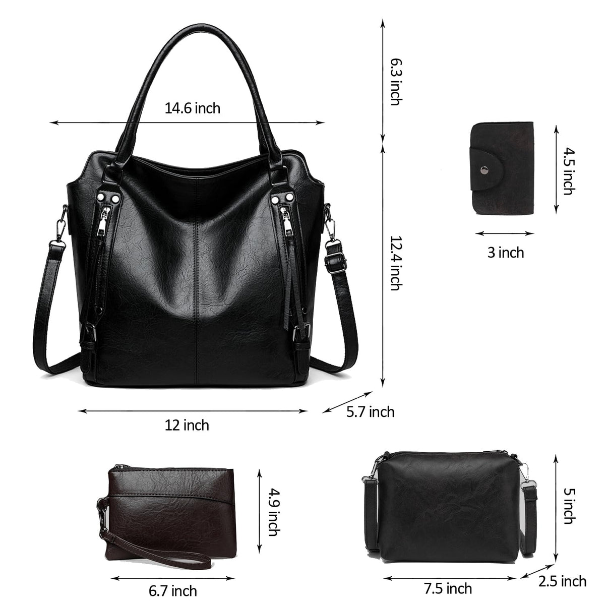 2E-youth Purses for Women Large Tote Women's Handbag Set Faux Leather Hobo Crossbody Bag 4pcs (1A-Black)