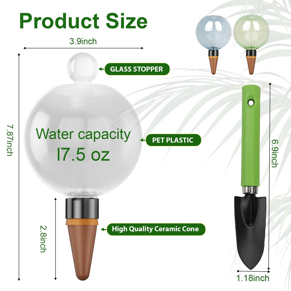 HSHATJSJSY 2 Pcs Plant Self Watering Globes with Covers，Self Watering Planter Insert,Automatic Plant Waterer Indoor ，17.5 oz Watering Bulbs with Terracotta Watering Spikes with Shovel(clera)