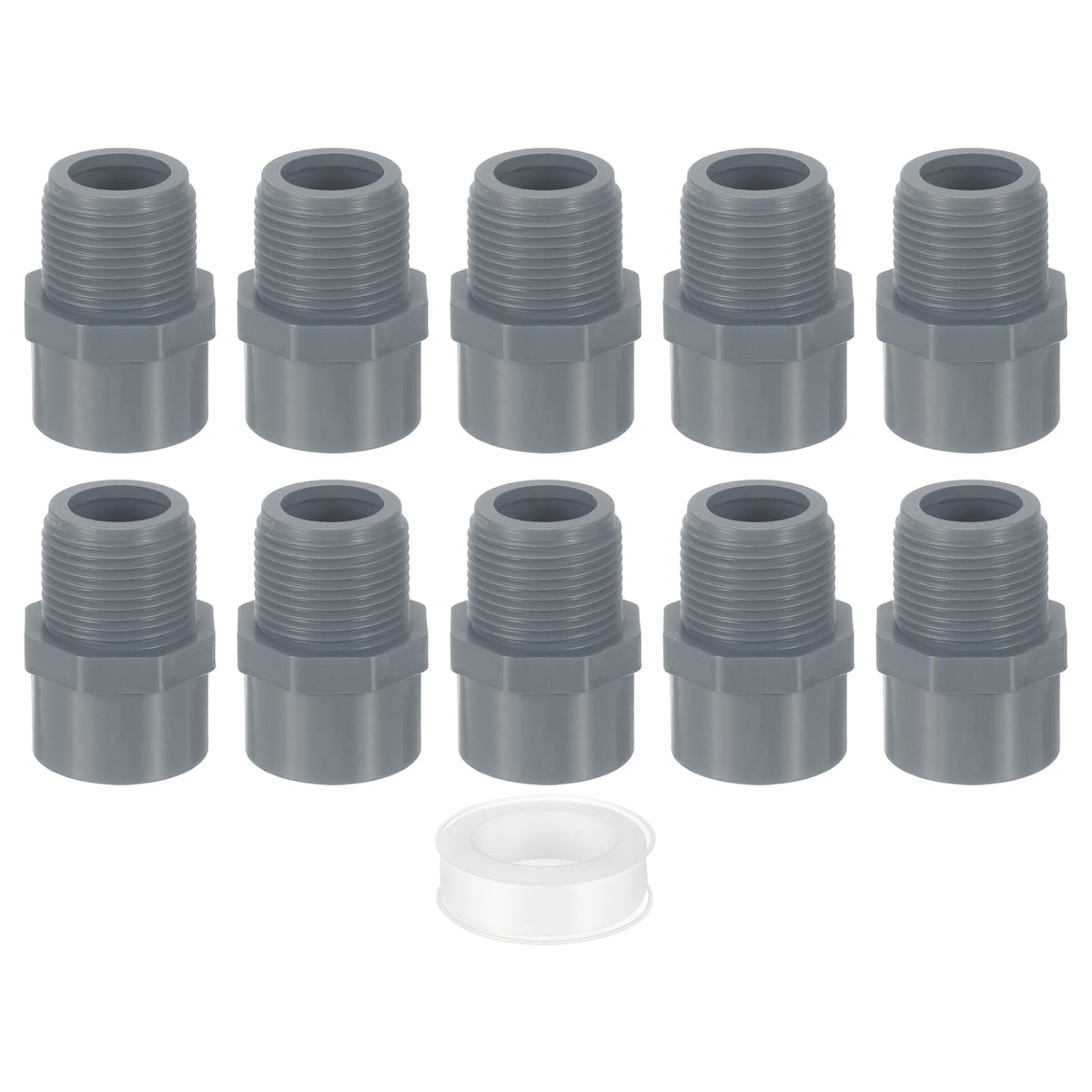 uxcell PVC Male Adapter Pipe Fitting, 10Pcs 3/4" 2-Way PVC Pipe Connectors with Sealant Tape (Socket x Male Thread), Hose Adapter Coupling for Plumbing Water Line (Grey)